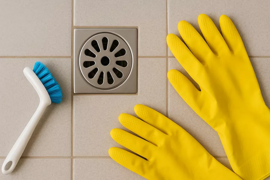 “Golvbrunn med rengöringsborste och handskar – symboliserar rengöring av vattenlås, avlopp och golvbrunnar för att förebygga stopp och dålig lukt i badrum”